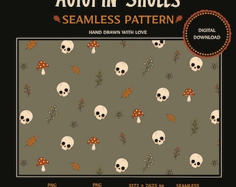 Autumn Skull Seamless Pattern, Spooky Woodland Digital Paper, Mushroom Fall Fabric Design