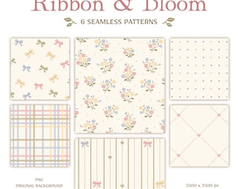 Pastel Floral Seamless Pattern Bundle, Bows & Ribbon Digital Paper, Nursery Fabric Collection, Wedding Patterns
