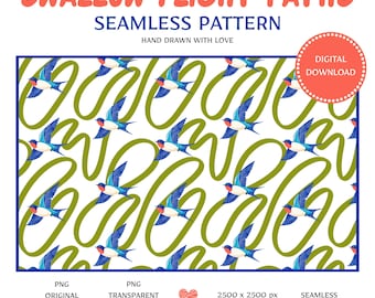 Swallow Flight Seamless Pattern, Hand Drawn Bird Fabric Design (Digital Download)