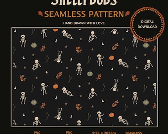 Hand Drawn Skeleton Pumpkin Moon Seamless Pattern (Digital Download)
