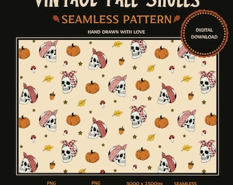 Vintage Fall Skull Seamless Pattern, Retro Halloween Digital Paper, 1950s Rockabilly Fabric Design
