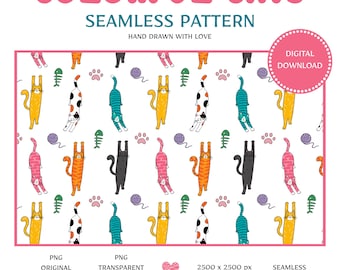 Colorful Cats Seamless Pattern, Hand Drawn Playful Felines (Digital Download)