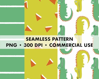 Crocodiles, Triangles, Stripes Seamless Pattern Set (PNG Digital Download)