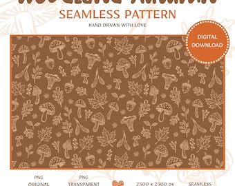 Woodland Autumn Seamless Pattern PNG | Mushrooms, Acorns & Fall Botanicals | Fall Digital Paper