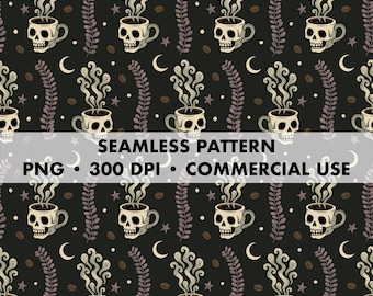 Haunted Brew Seamless Pattern | Spooky Coffee, Skulls (PNG)