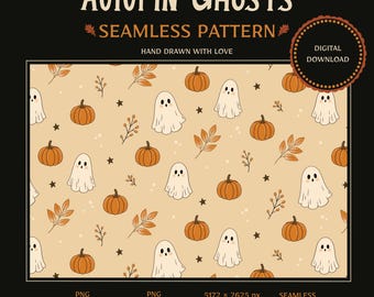 Autumn Ghost Seamless Pattern, Hand Drawn Halloween Digital Paper, Pumpkin Fall Fabric
