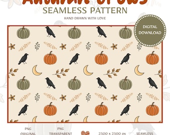 Autumn Crow Seamless Pattern, Pumpkin Moon Fabric Design (Digital Download)