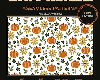 Retro Pumpkin Floral Seamless Pattern, Hand-Drawn Autumn Digital Paper (PNG Download)