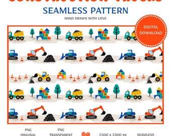 Construction Trucks Seamless Pattern PNG, Kids Fabric Design, Boys Nursery Art (Digital Download)