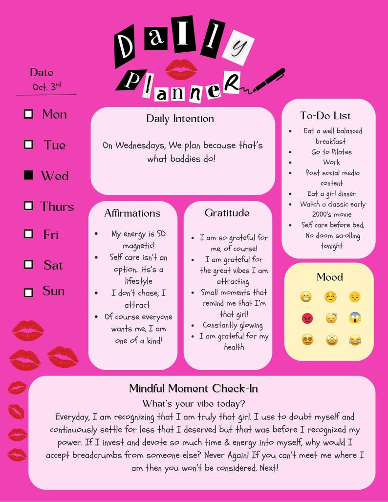 Pink Daily Self Care Planner, 2000s Theme (digital & Printable PDF) - Etsy