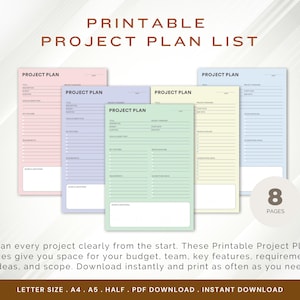Può includere: Un set di otto pagine di piano di progetto stampabili in rosa, viola, verde, giallo e blu pastello. Ogni foglio presenta il testo PROJECT PLAN in alto con campi per titolo, budget, obiettivi, caratteristiche principali, requisiti e note.