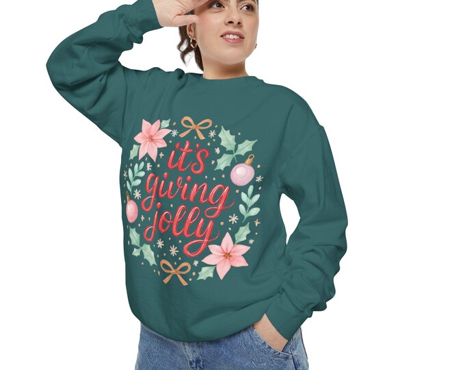 Featured listing image: It's Giving Jolly Sweatshirt | Christmas wreath, poinsettia, ornaments