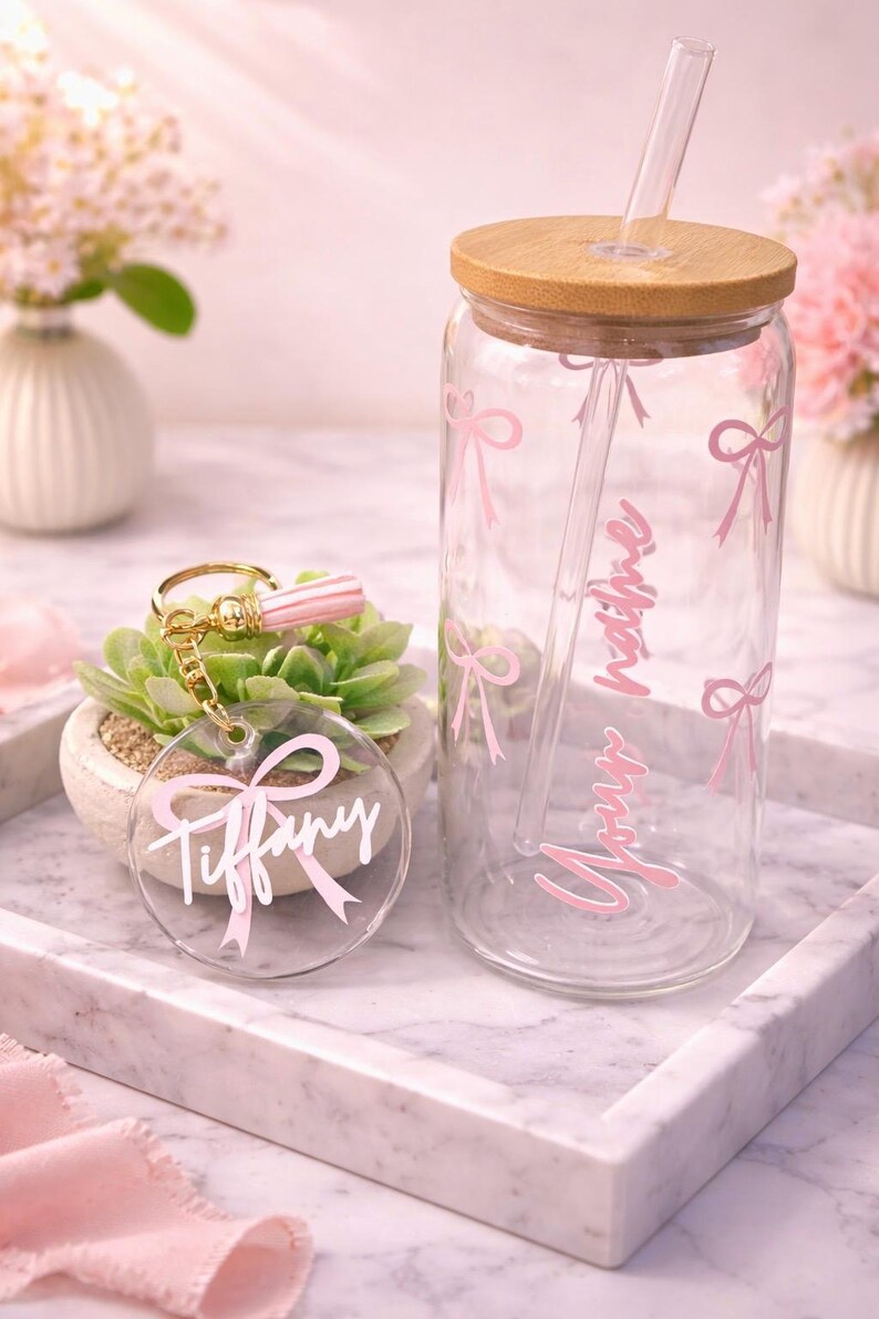 Customizable Pink Bows Glass Cup and Keychain - Etsy