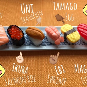 NEW !! Sushi Soap set - Salmon / Salmon Roe / Sea Urchin / Shrimp / Egg / Tuna, 2 Sushi Soaps + 1 Free Mini wasabi Soap + Cute Sushi tray