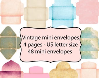 Vintage Mini Umschläge, 4 Seiten, 48 Mini Umschläge, transparenter Hintergrund, Junk Journal Ephemera