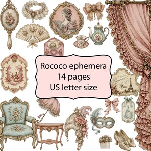 May include: A collection of Rococo ephemera featuring 14 pages in US letter size. The set includes illustrations of a hand mirror, lace choker, fan, portrait, bow, teacup, teapot, armchair, table, parasol, wig, mask, hair comb, shoes, and curtains.