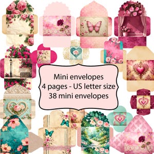 Puede incluir: Colección de 38 mini sobres con diversos diseños, incluyendo motivos florales, mariposas y corazones. Los sobres son en tonos rosa, turquesa y beige, con encaje decorativo y fondos vintage. El texto dice: "Mini sobres 4 páginas - tamaño carta US 38 mini sobres."