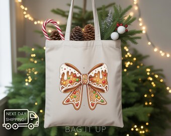 Gingerbread Bow Christmas Tote Holiday Gift Bag with Festive Cookie Bakery Shopper Christmas cookie swaps Holiday gift bags Secret Santa
