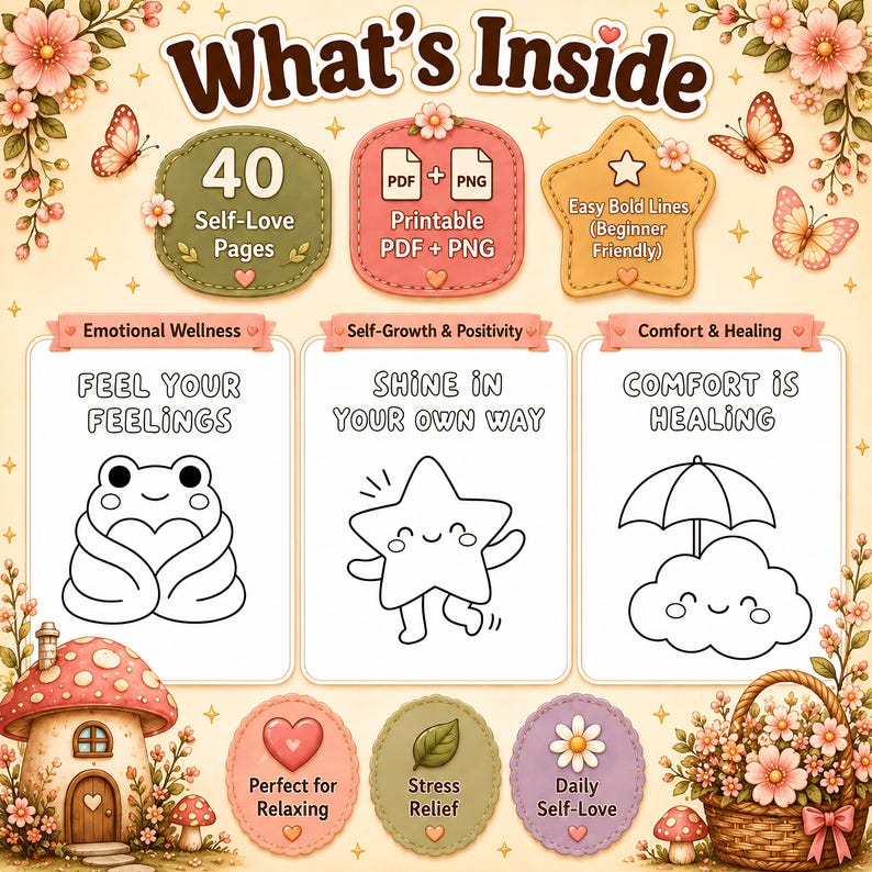 Kawaii Self Love Phrases Coloring Book PDF PNG | 40 Easy Bold Pages | Printable Self Love Coloring Pages Adults | Instant Download image 5