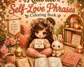 Kawaii Self Love Phrases Coloring Book PDF PNG | 40 Easy Bold Pages | Printable Self Love Coloring Pages Adults | Instant Download