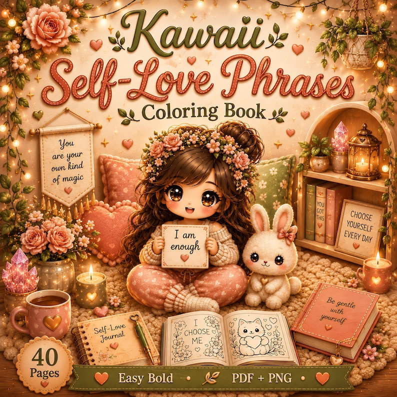 Kawaii Self Love Phrases Coloring Book PDF PNG | 40 Easy Bold Pages | Printable Self Love Coloring Pages Adults | Instant Download image 1