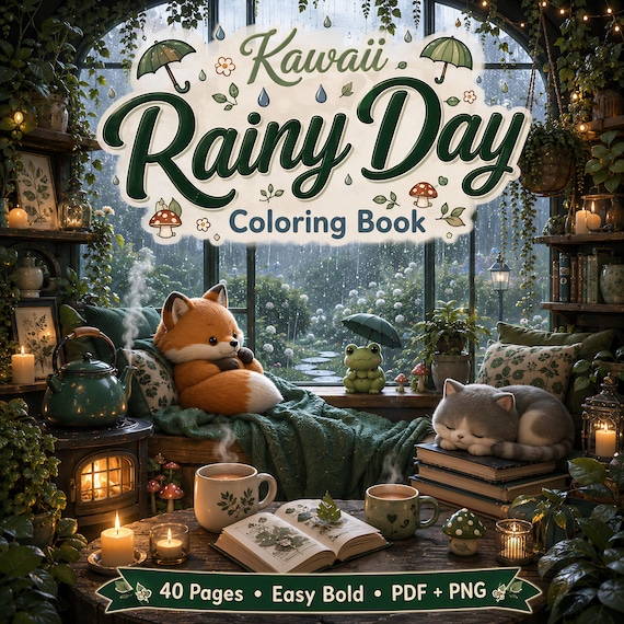 Kawaii Rainy Day Coloring Book PDF PNG | 40 Easy Bold Pages | Printable Cozy Rainy Day Coloring Pages Adults | Instant Digital Download