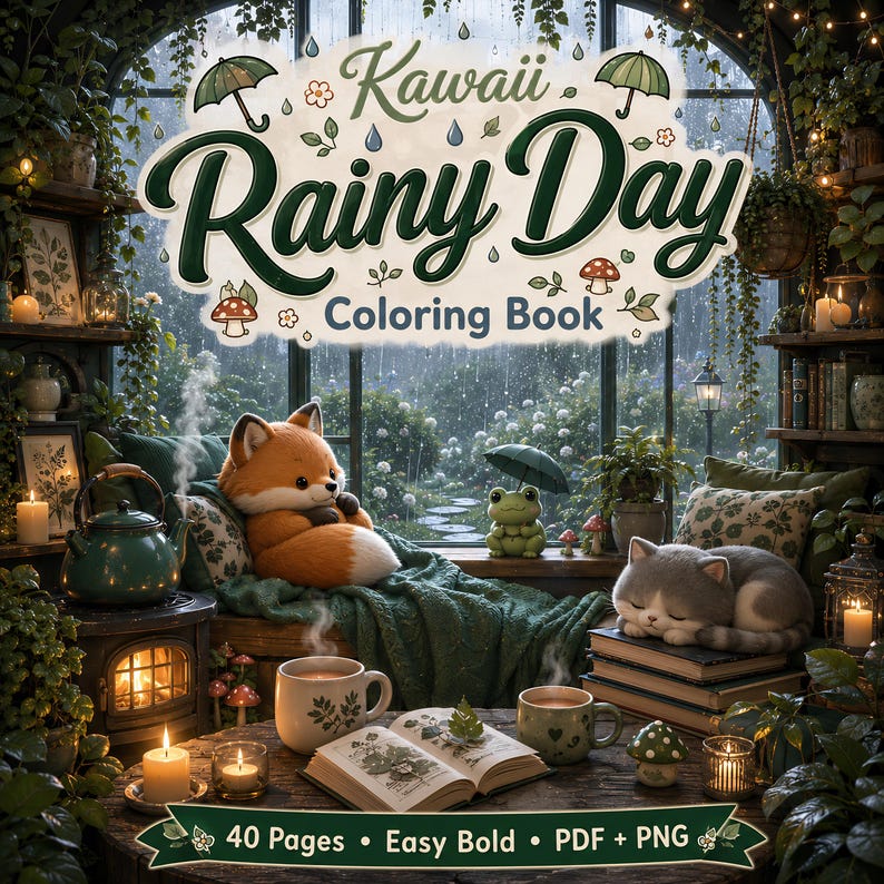 May include: A cozy illustration of a coloring book titled "Kawaii Rainy Day." The scene features a plush fox, a sleeping cat, and a frog figurine. The image includes a teapot, mugs, and an open book, all set in a lush, green environment with a rainy window backdrop.