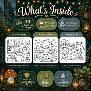 May include: A digital coloring book titled "What's Inside" with 40 rainy day pages. The cover features illustrations of cozy interiors, rainy animals, and garden rain scenes. Includes printable PDF and PNG files with easy bold lines for beginner-friendly coloring.