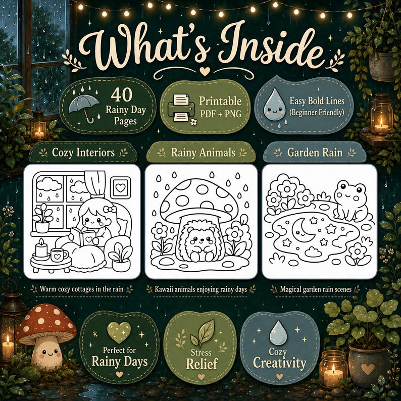 May include: A digital coloring book titled "What's Inside" with 40 rainy day pages. The cover features illustrations of cozy interiors, rainy animals, and garden rain scenes. Includes printable PDF and PNG files with easy bold lines for beginner-friendly coloring.