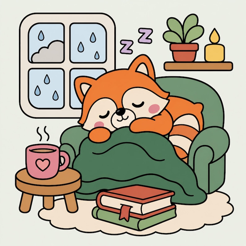 May include: A cartoon illustration of a sleeping fox curled up on a green armchair under a green blanket. A window with raindrops, a cup of coffee, and a stack of books are also shown. A small table holds the coffee cup with a heart.