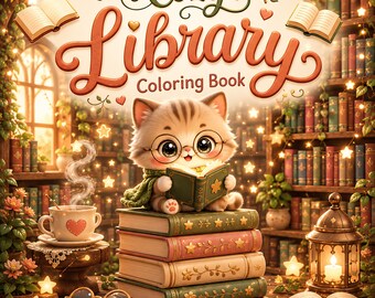 Cozy Library Coloring Book PDF PNG | 40 Kawaii Easy Bold Pages | Printable BookTok Coloring Pages Adults | Instant Digital Download