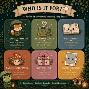 May include: A whimsical illustration with the text "WHO IS IT FOR?" and six illustrated squares. The squares feature a fox, teacup, book, mushroom, gift box, and tablet, each with text describing who the product is for. The text includes "Stress Relief Seekers", "Tea & Cozy Lovers", "Book Lovers", "Nature Enthusiasts", "Gift for Her", and "Digital Colorists".