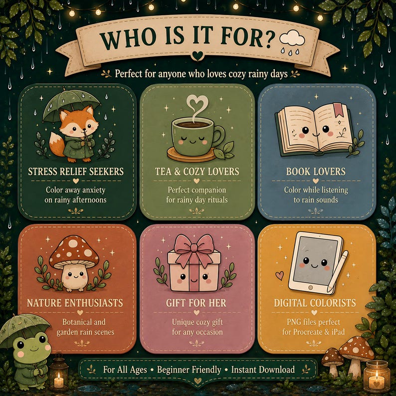 May include: A whimsical illustration with the text "WHO IS IT FOR?" and six illustrated squares. The squares feature a fox, teacup, book, mushroom, gift box, and tablet, each with text describing who the product is for. The text includes "Stress Relief Seekers", "Tea & Cozy Lovers", "Book Lovers", "Nature Enthusiasts", "Gift for Her", and "Digital Colorists".