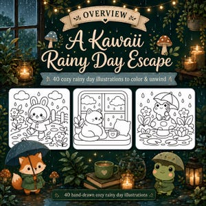 May include: A Kawaii Rainy Day Escape coloring book cover. The cover features the title in elegant script, with illustrations of a bunny, cat, and frog in the rain. The text reads "40 cozy rainy day illustrations to color & unwind" and "40 hand-drawn cozy rainy day illustrations."