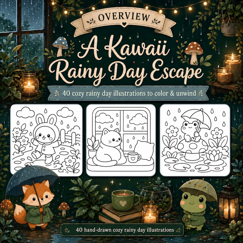 May include: A Kawaii Rainy Day Escape coloring book cover. The cover features the title in elegant script, with illustrations of a bunny, cat, and frog in the rain. The text reads "40 cozy rainy day illustrations to color & unwind" and "40 hand-drawn cozy rainy day illustrations."