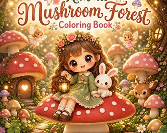 Kawaii Mushroom Forest Coloring Book PDF PNG | 40 Easy Bold Pages | Printable Fairy Forest Coloring Pages Adults | Instant Download