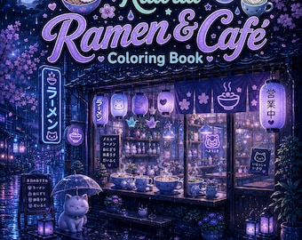 Kawaii Ramen Cafe Coloring Book PDF PNG | 40 Easy Bold Pages | Printable Japanese Food Coloring Pages Adults | Instant Digital Download