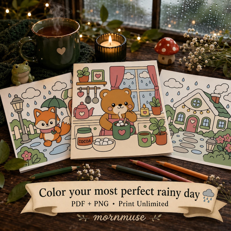 May include: Three square coloring pages with illustrations of a fox with an umbrella, a bear making cocoa, and a house. A green mug with a heart, a candle, and colored pencils are also visible. The banner reads "Color your most perfect rainy day".