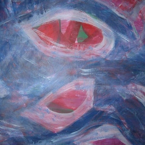 May include: Abstract painting with bold brushstrokes in shades of blue, red, pink, and white. The artwork features eye-like shapes with red centers and green accents, creating a dynamic and expressive composition.