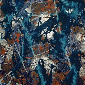May include: Abstract painting with a silver background and splashes of blue, teal, orange, and white paint. The artwork features a textured, layered effect with a dynamic, energetic composition. The colors blend and contrast, creating visual interest.