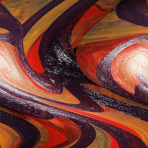 May include: Abstract artwork with a swirling pattern of colors. The image features curved lines in shades of red, orange, yellow, and deep purple, creating a dynamic and textured visual effect. The artwork has a painted appearance.