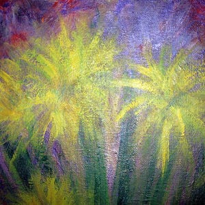 May include: An abstract painting depicting palm trees in yellow and green against a purple and red background. The artwork uses visible brushstrokes to create texture and depth, evoking a tropical landscape.