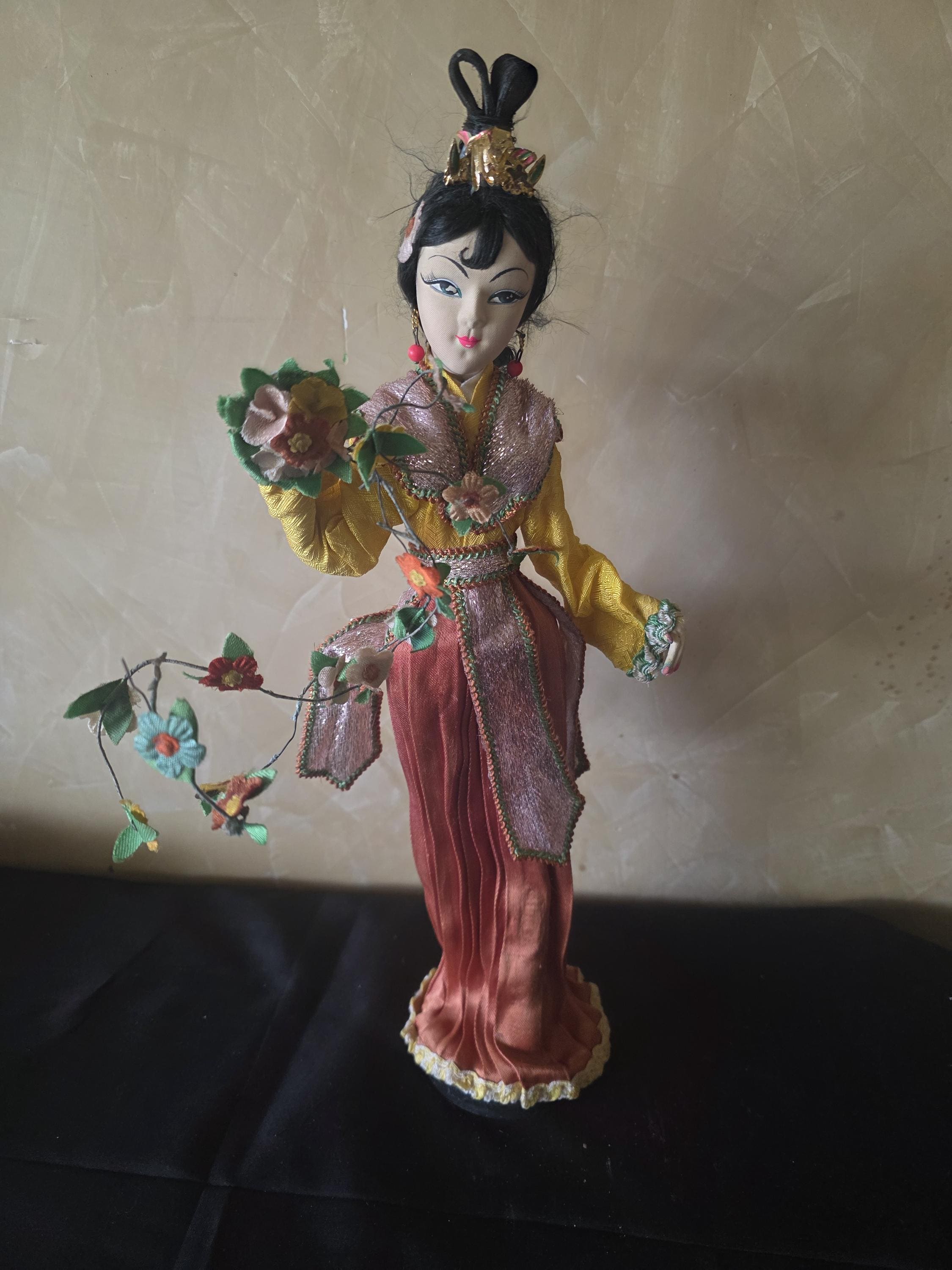 Vintage Chinese Souvenir Doll, 15x5x2 Silk Wrap Face, Traditional