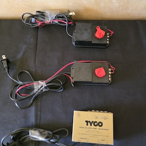 Vintage Tyco HO Scale Model Train Power Supply Lot, 299Y Hobby Transformer, Two Red Knob Handheld Controllers, Untested Craft As-Is