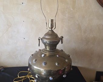 1950-1970 vintage hand-hammered brass Tibetan or indian Buddhist style lamp with multicolored jewels