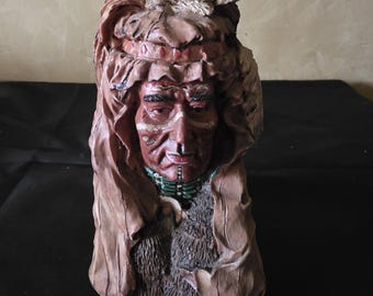1990s-2000s vintage native american chief resin bust featuring an older chief with a decorative animal pelt