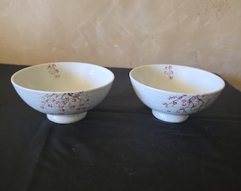 2 japanische Keramikschalen mit rosa Kirschblütenzweigmustern außen und innen