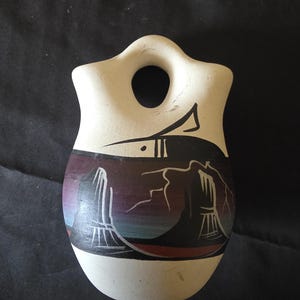 Signed Yanito Navajo Wedding Vase, Hand-Painted Miniature Southwestern Pottery, Vintage 4 x 3 Desert Rainbow Mesa Landscape Art