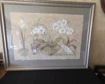 1990s vintage "arrangement of orchid" by artist cheri blum on a textured paper background with a gold antique-style wood ornate frame