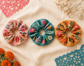 Embroidered-Style Scrunchie Set (Mexican Floral Fabric)